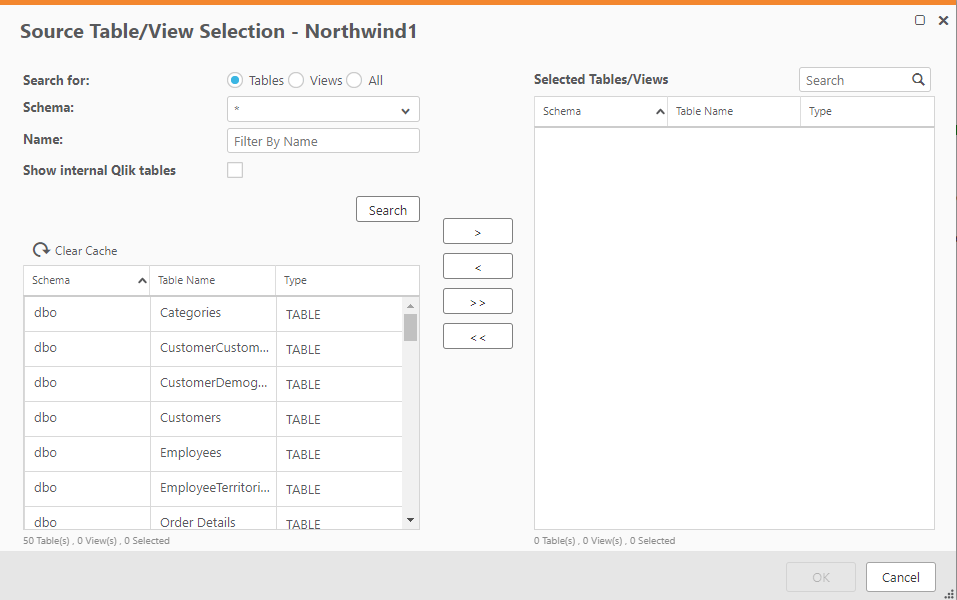 Source Table and Views Selection dialog, with a Landing Site selected in the Results table